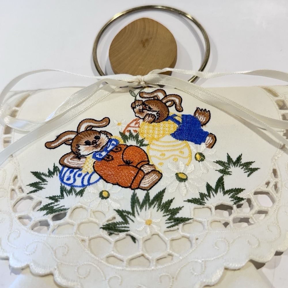 Vintage Hand Made Easter Angel Embroidered‎ Hanging Decor Bunny Rabbits Carrots